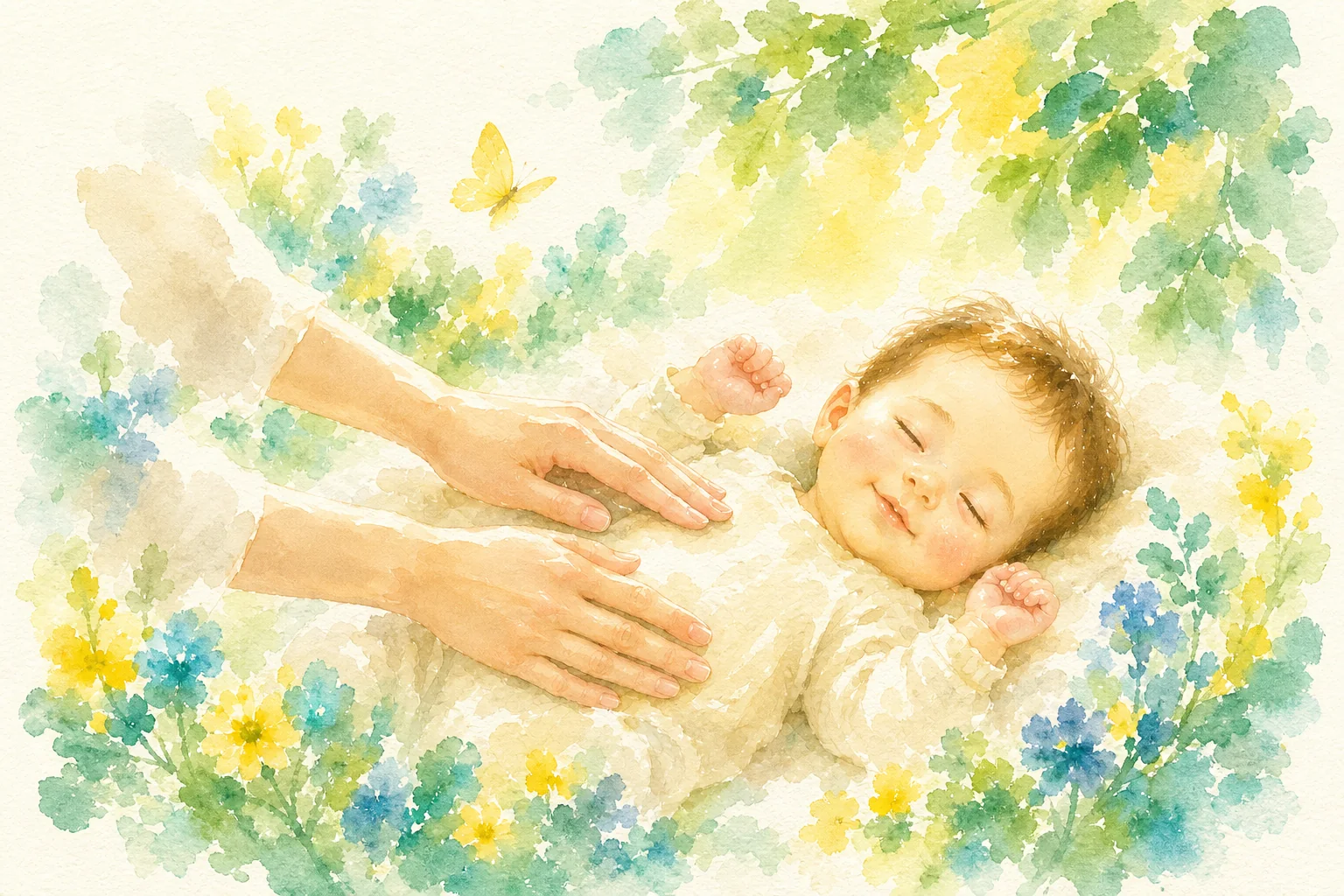 赤ちゃんへ優しく手を当ててケアする水彩画