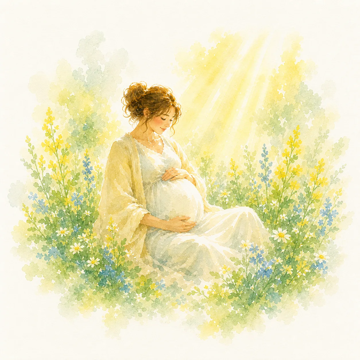 お腹へ手を添える妊婦の水彩画