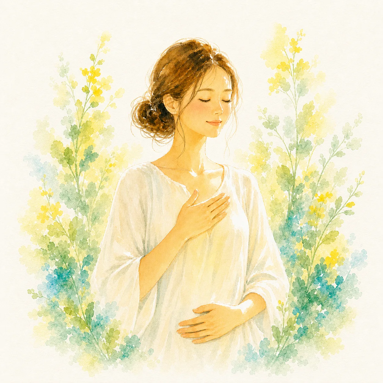 胸とお腹へ手を当てて自分を整える女性の水彩画