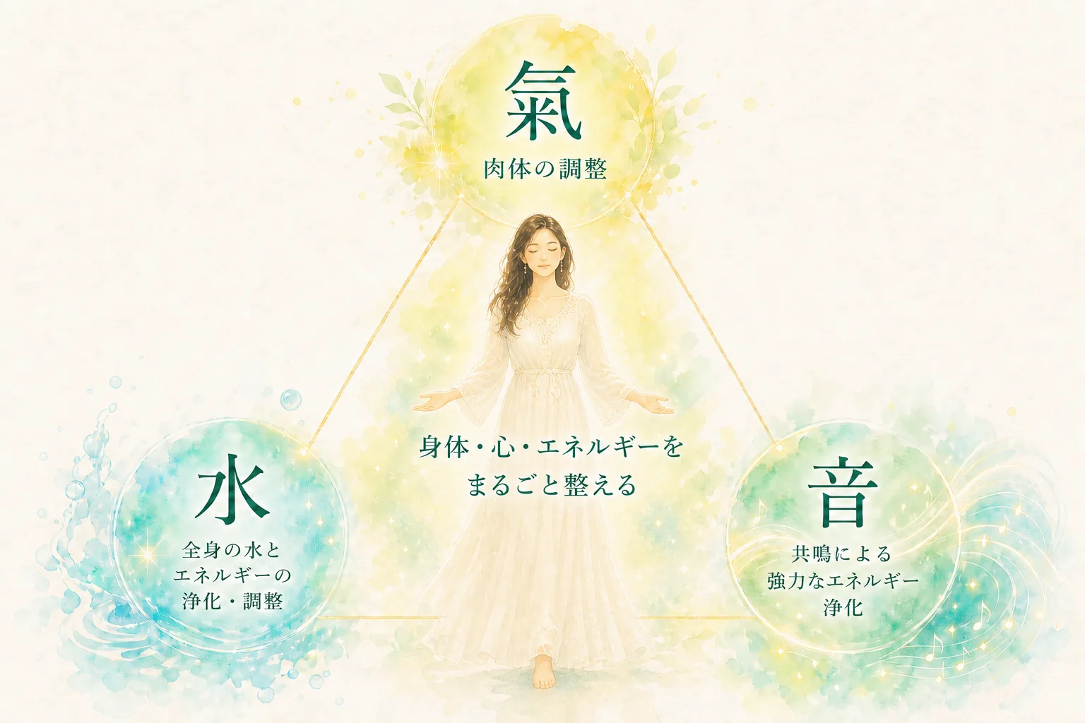 氣・水・音で身体、心、エネルギーを整える施術の説明図