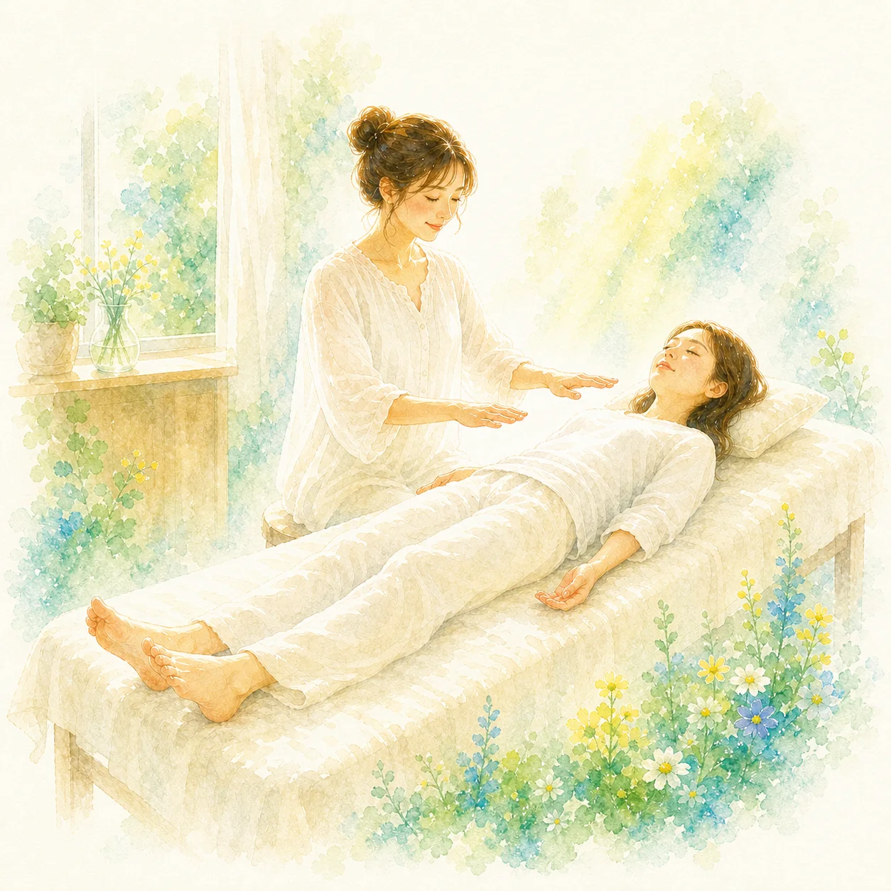 全身へ手をかざして調整する施術の水彩画
