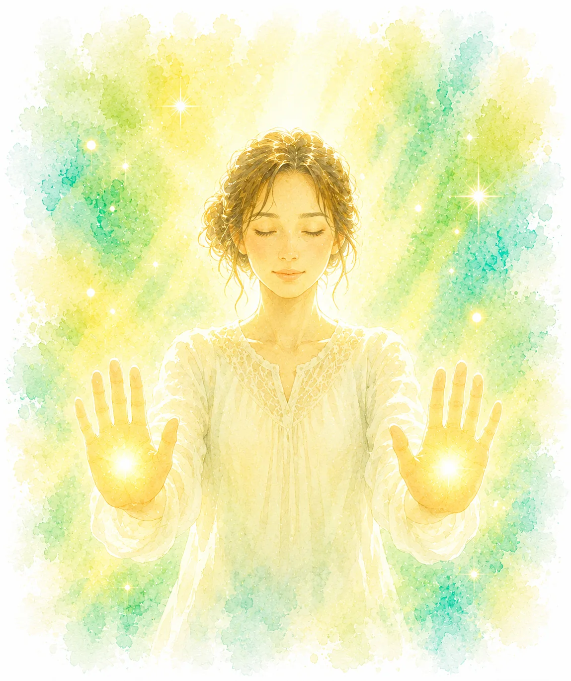 手から氣を届ける氣功ヒーリングの水彩画